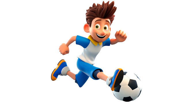 Cute 3d kid boy play soccer as striker isolated on transparent background PNG.
