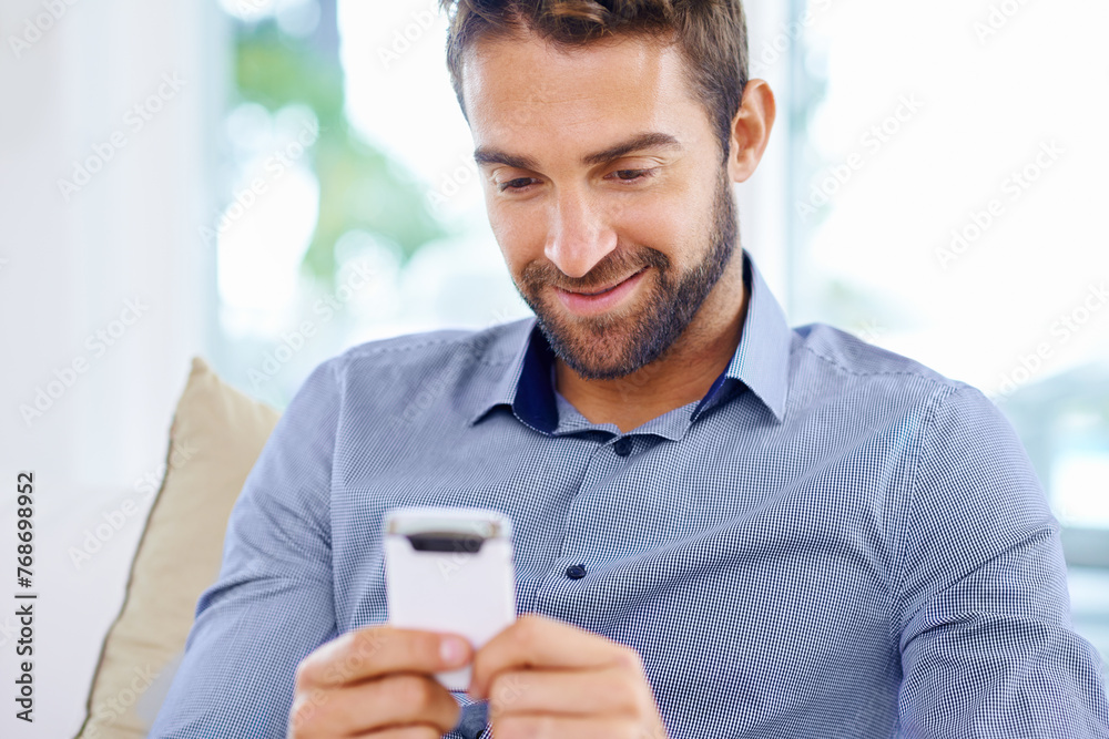 Poster businessman, phone and typing an email in home, communication and networking for company. male perso