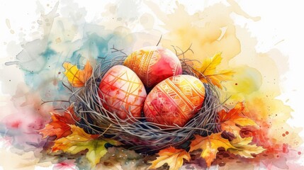 Artistic watercolor of two decorated Easter eggs nestled in a natural twig nest amidst greenery.