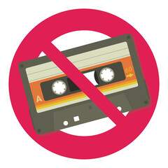 Audio cassette crossed out by the circular red prohibition symbol in flat design style (cut out)