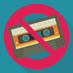 Audio cassette ban on blue background with long shadow in flat design style