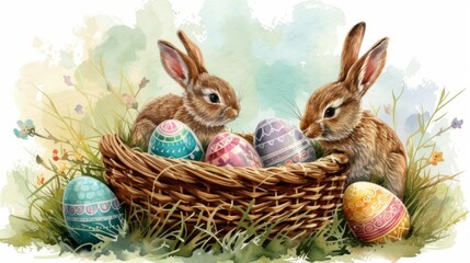 Fototapeta na wymiar A vibrant watercolor painting of a bunny surrounded by a collection of colorful Easter eggs.
