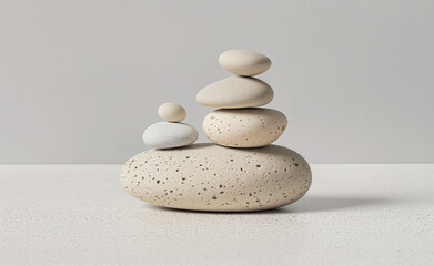 Fototapeta na wymiar Zen Serenity: Balanced Stone Stacks in Minimalistic Tranquility