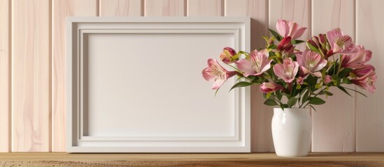 A vase filled with alstroemeria flowers sits on a wooden shelf next to a mock-up white picture frame. The composition features a simple yet elegant display for interior decoration.