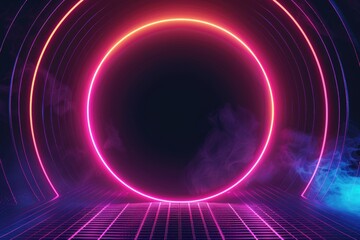 Cyber portal: bright neon ring with smoke in the dark