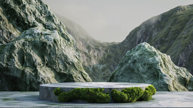 stone podium with a mountain concept, overgrown with plants and moss. 3d rendering. ai generative