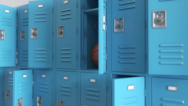 Student lockers at school. School lockers with open doors and student equipment for education