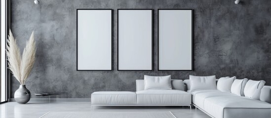 Gray wall template with four frames for painting or photo, vertical, space to duplicate.