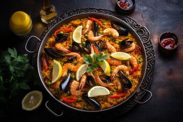 Refined paella on a metal tray against a rustic textured paper background