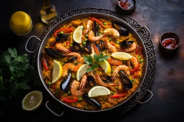 Foto op Plexiglas Refined paella on a metal tray against a rustic textured paper background © Markus Schröder