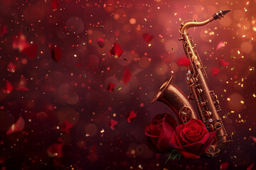 trendy jazz themed background with golden levitating floating in the air saxophone and red roses on a dark red background with golden blured confetti around - obrazy, fototapety, plakaty