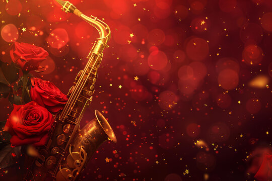 trendy jazz themed background with golden levitating floating in the air saxophone and red roses on a dark red background with golden blured confetti around