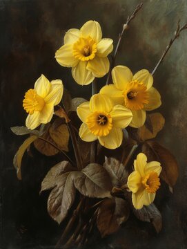 Beautiful painting of vibrant yellow daffodils in a vase against a dark background, floral art concept