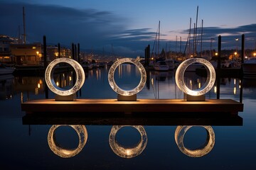 Waterfront Wharf: Rings on a wharf with reflections in the water and harbor lights. - obrazy, fototapety, plakaty