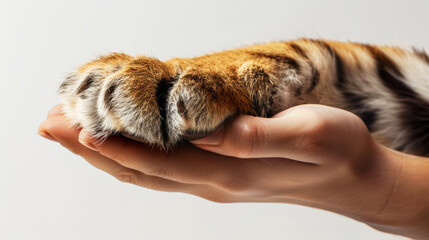 Man hand holds tiger paw on white background. Handshake. Animals and human friendship and...