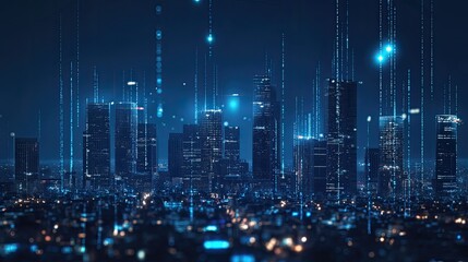 a city skyline illuminated by blue light effects against a black background, with digital data connections weaving through the urban landscape, embodying a futuristic technology concept.