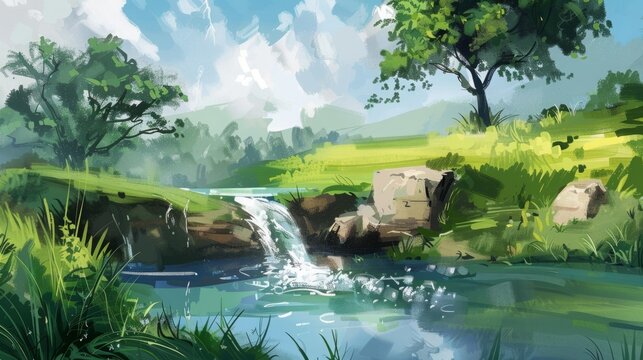 A Painting of a River With a Waterfall