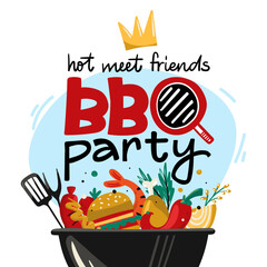 BBQ Party. Invitation, poster with grill filled with ingredients for barbecue food weekend. Illustration isolated white background. Vector file