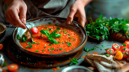 preparing traditional spanish gazpacho soup