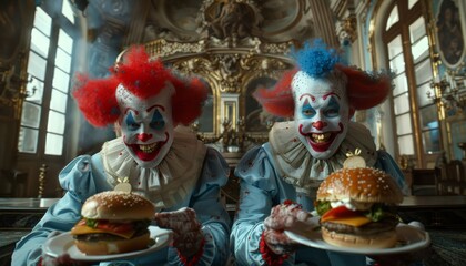 Two clowns with joyful expressions offering burgers. Pair of colorful clowns with exuberant expressions serving burgers in an ornately decorated room