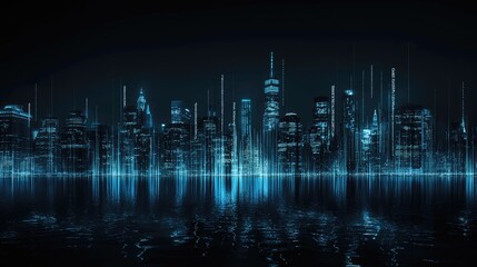 a city skyline illuminated by blue light effects against a black background, with digital data...
