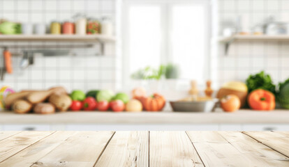 Obraz na płótnie Canvas Empty wooden table with blurred kitchen interior background. Table top product display showcase stage. Image ready for montage your text or product. 