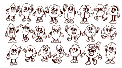 Groovy cartoon nut, bean and seed characters set. Funny retro cartoon nut mascots collection, monochrome stickers of hazelnut macadamia almond pecan peanut cashew in 70s 80s style vector illustration