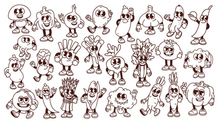 Groovy cartoon vegetable characters set. Funny retro vegetable mascots collection, cartoon stickers of tomato potato onion cabbage cucumber broccoli paprika chili in 70s 80s style vector illustration