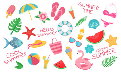Set of summer icons with beach elements. Vector illustration