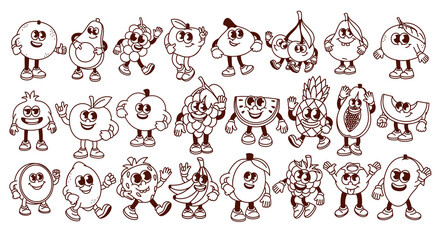 Groovy cartoon fruit and berry characters set. Funny retro monochrome fruit mascots, cartoon stickers of strawberry banana orange apple mango lemon avocado peach 70s 80s style vector illustration