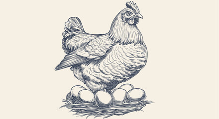Chicken, hen with nest, eggs. Vintage artwork - 768702144