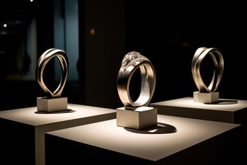 Art Gallery Elegance: Rings on a pedestal in an art gallery with sophisticated lighting.