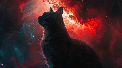 Galactic feline majesty: a cat against a backdrop of fiery celestial clouds, embodying cosmos mystery