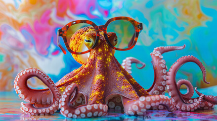 Fototapeta premium A comical photograph of an octopus wearing oversized sunglasses in a studio setting, with a vibrant and colorful background.