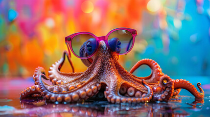 Fototapeta premium A comical photograph of an octopus wearing oversized sunglasses in a studio setting, with a vibrant and colorful background.