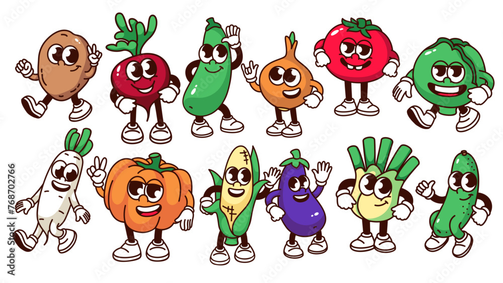 Wall mural groovy cartoon vegetable characters set. funny retro root and leaf vegetable mascots, cartoon sticke - Wall murals