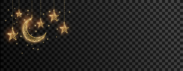 Golden shiny decoration. Night sky, hanging crescent and stars garland. Traditional islamic symbols. Great for muslim holidays, Ramadan or Al-Adha. Transparent background can be removed in vector file