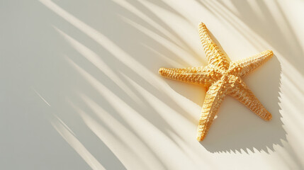 Fototapeta na wymiar Aesthetic light background with ocean starfish. Strong shadows, copy space. Luxury travel concept. Generative AI