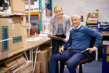 Business people, management or portrait with clipboard in warehouse for teamwork, quality control...