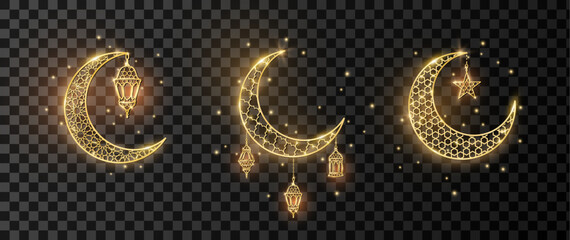 Ramadan or Al-Adha banner with golden shiny decoration. Hanging lanterns, crescent, stars. Traditional islamic lamps, shiny border. Muslim holidays corner frame. Eid calligraphy in arabic style.Vector