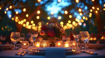 a wedding table setting adorned with plates and cutlery against the backdrop of an outdoor garden scene, with soft-focus guests enjoying the evening under lanterns and string lights. - obrazy, fototapety, plakaty