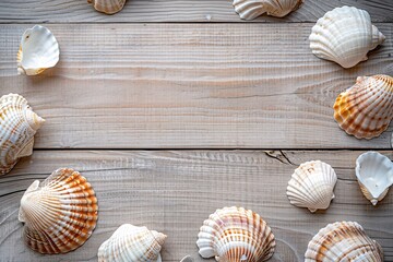 a group of seashells on a wood surface