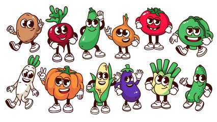 Groovy cartoon vegetable characters set. Funny retro root and leaf vegetable mascots, cartoon stickers of tomato pumpkin broccoli eggplant cucumber potato cabbage in 70s 80s style vector illustration