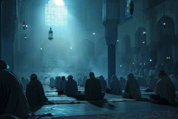 A group of individuals are seated on the floor of a building, engaged in activities related to Laylat al Qadr, a significant observance in the Islamic faith. Generative AI - obrazy, fototapety, plakaty