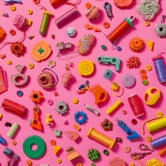 Colorful Sewing Essentials Scattered on a Vibrant Pink Background