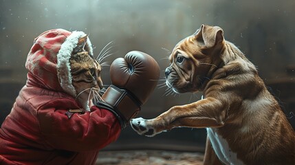 Boxer Cats and Dogs: A Playful Inter-species Sporting Event - obrazy, fototapety, plakaty
