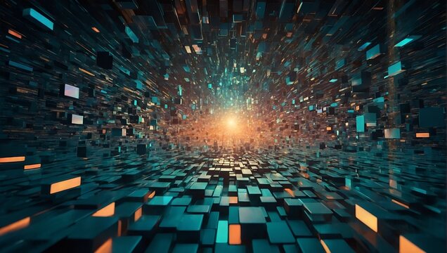 masterpiece, geometric isometric cube pattern, opalescent effects, pastel opal hues, shimmery astral glow, teal and orange warm and cool tone interplay, deep dark shadows, cinema4d rendering quality.