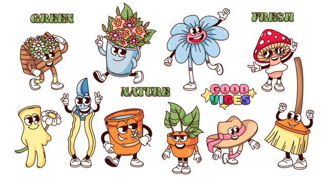 Naklejki Groovy garden plants and tools cartoon characters set. Funny retro with bucket of flowers and flowerpot, broom and secateurs. Garden works mascot, cartoon stickers of 70s 80s style vector illustration