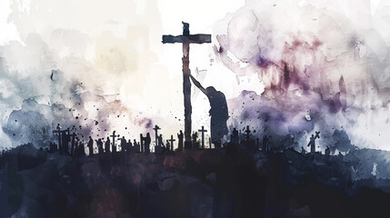 Easter crucifixion scene with silhouettes of the cross of Jesus Christ. Watercolor. Dark colours. Generative AI