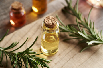 A bottle of aromatherapy essential oil with fresh rosemary leaves